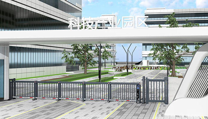 某科技园区采用 “安快” 栅栏款段滑工业门效果图